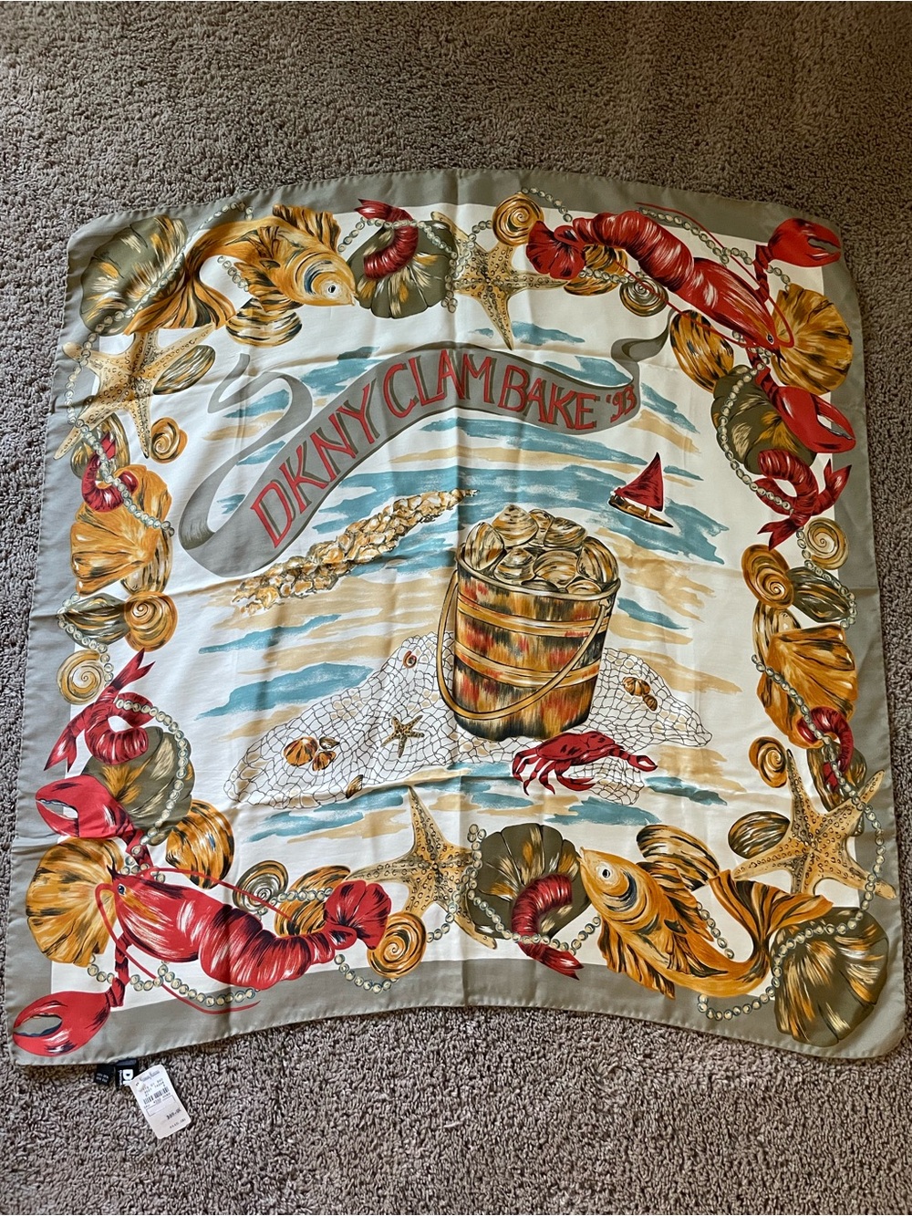 Vtg 1993 DNKY Clambake Silk Scarf Shawl Neiman Marcus Tag Rare Nautical 90s